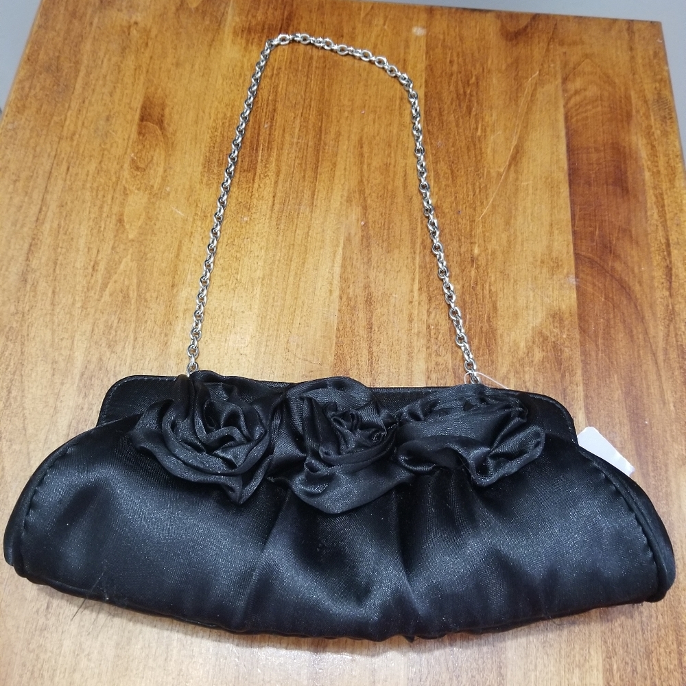 Claire's Little black Purse Handbag Black flowers Satin Silver like chain NWT